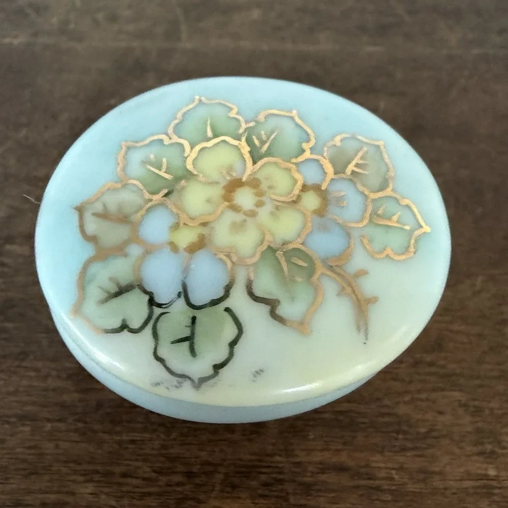 VTG English Blue Porcelain‎ Vanity Jewelry Trinket Dish Hand Painted Gold Floral